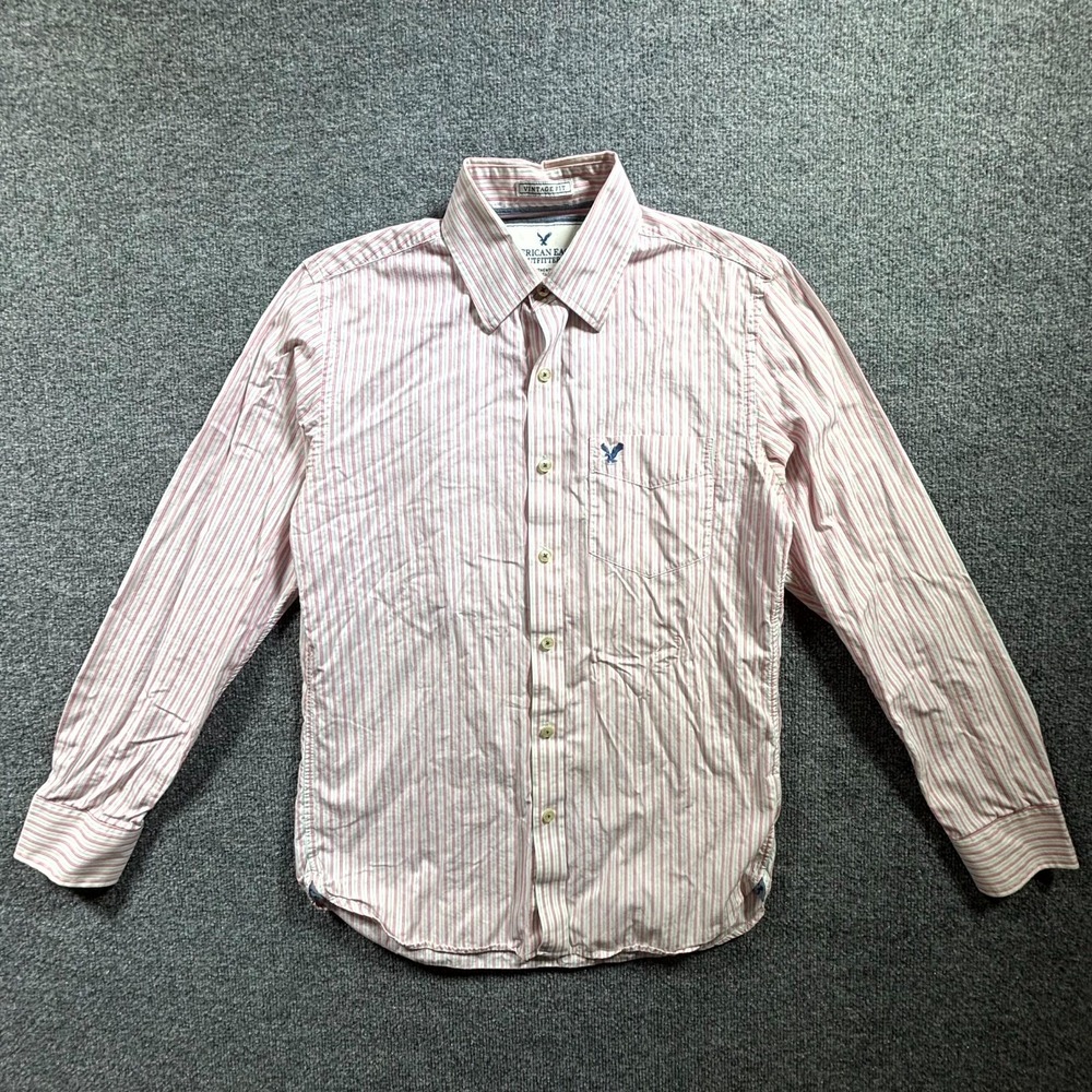 American Eagle Shirt Men Small Red White Striped Cotton Button Front Vintage Fit